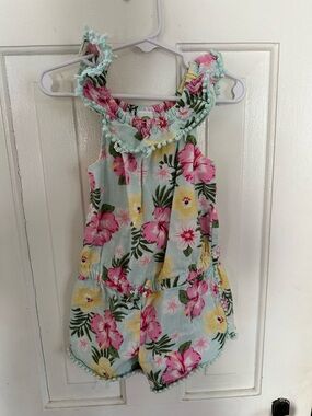 Little Me Mint Floral Tank Romper with Pink & Yellow Flowers